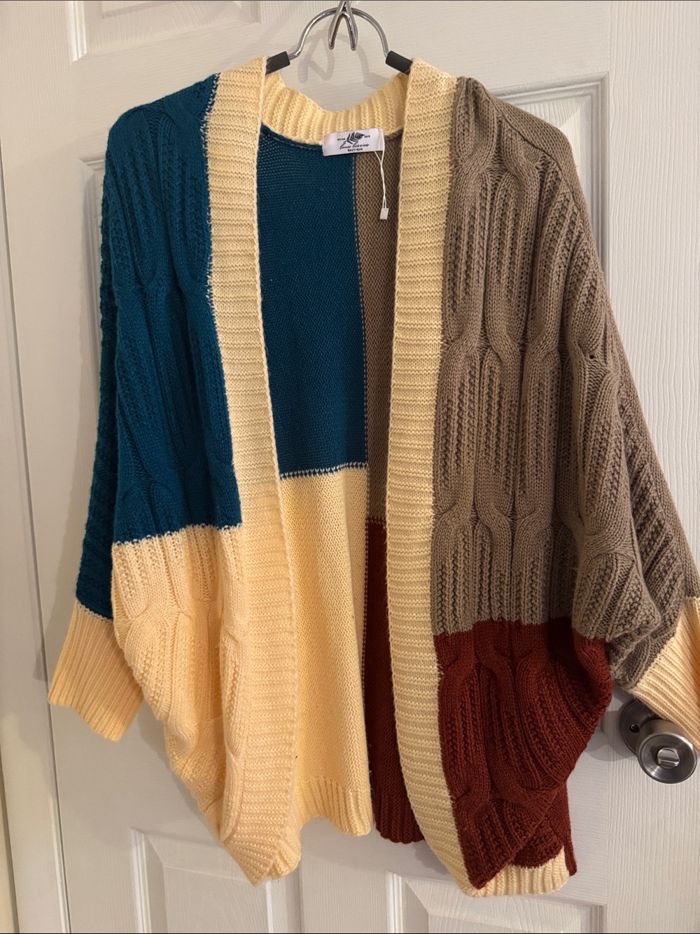 Colorblock Open-Front Women’s Sweater Cardigan - Teal, Cream & Brown